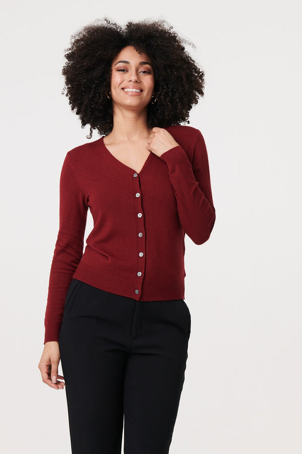 Red | Cropped Button-Up Slim Knit Cardigan
