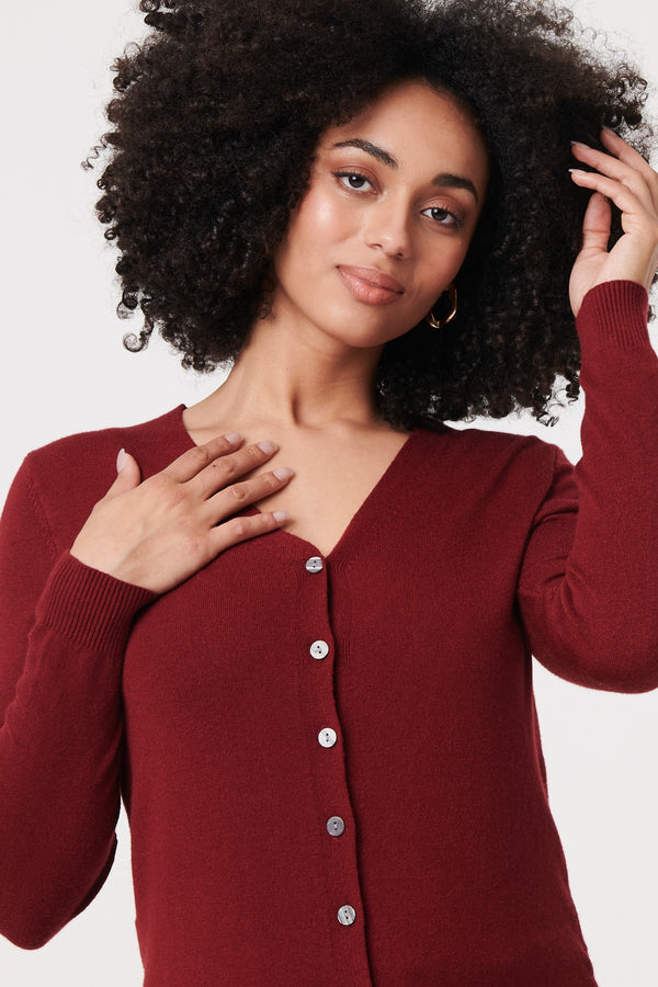 Red | Cropped Button-Up Slim Knit Cardigan
