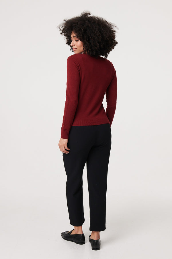 Red | Cropped Button-Up Slim Knit Cardigan
