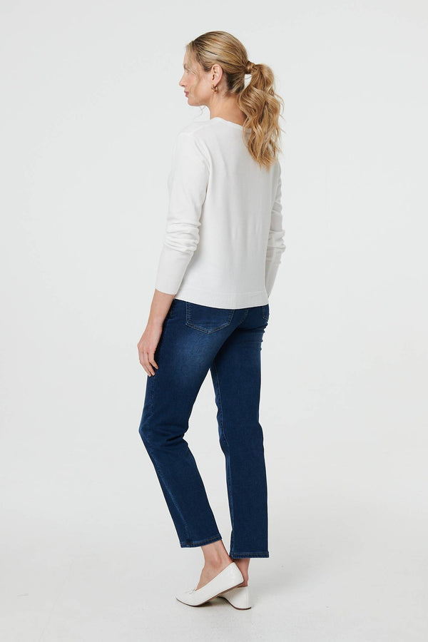 White | Cropped Button-Up Slim Knit Cardigan
