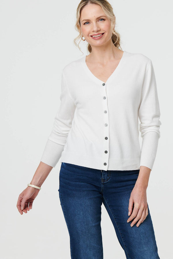 White | Cropped Button-Up Slim Knit Cardigan
