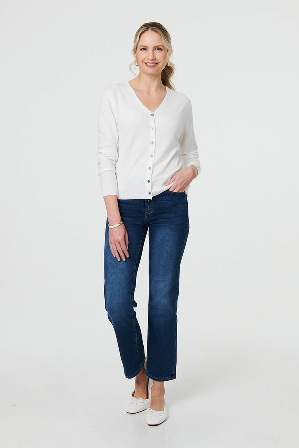 White | Cropped Button-Up Slim Knit Cardigan
