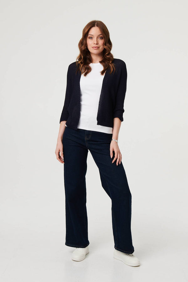 Navy | Mesh Cropped 3/4 Sleeve Open Cardigan