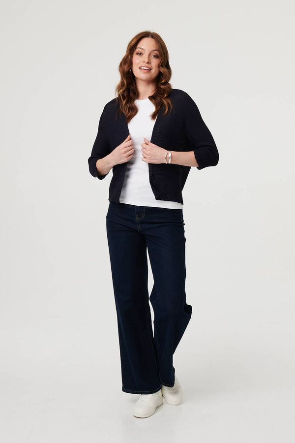 Navy | Mesh Cropped 3/4 Sleeve Open Cardigan