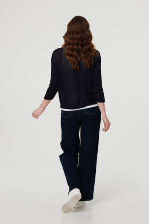 Navy | Mesh Cropped 3/4 Sleeve Open Cardigan