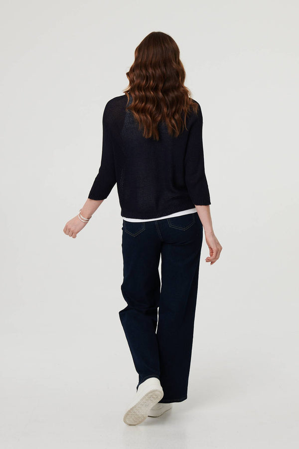 Navy | Mesh Cropped 3/4 Sleeve Open Cardigan