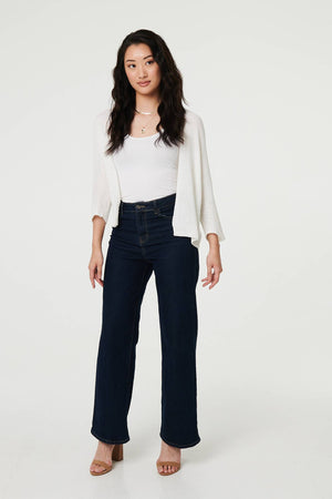 White | Mesh Cropped 3/4 Sleeve Open Cardigan