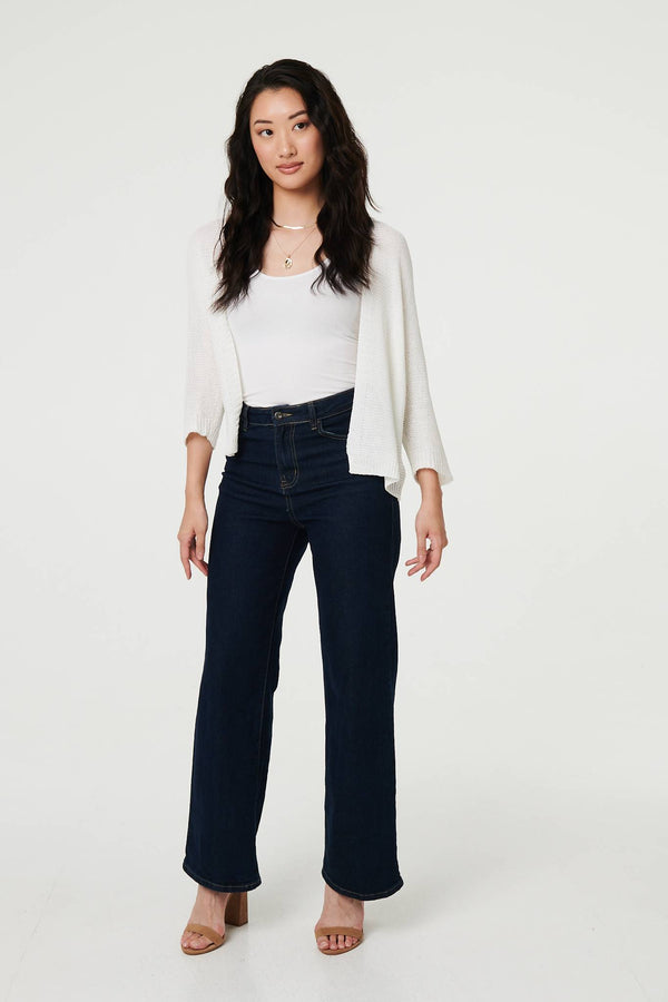 White | Mesh Cropped 3/4 Sleeve Open Cardigan