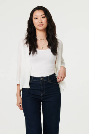 White | Mesh Cropped 3/4 Sleeve Open Cardigan