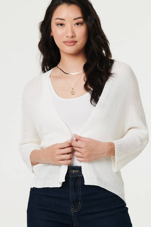 White | Mesh Cropped 3/4 Sleeve Open Cardigan : Model is 5'9
