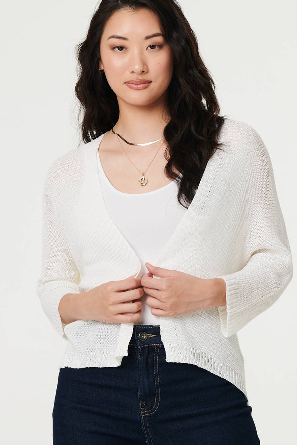 White | Mesh Cropped 3/4 Sleeve Open Cardigan : Model is 5'9"/175 cm and wears UK8/EU36/US4/AUS8
