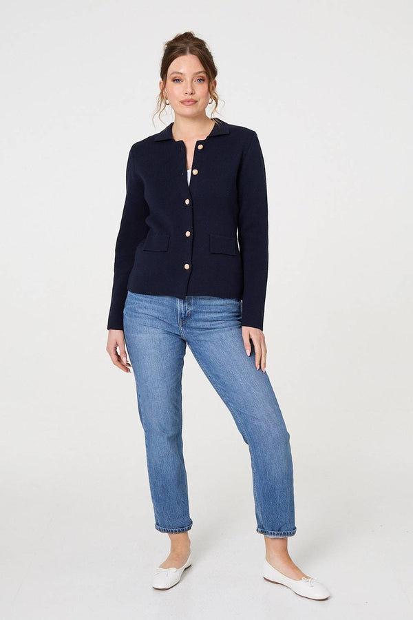 Navy | Textured Button Front Collared Jacket
