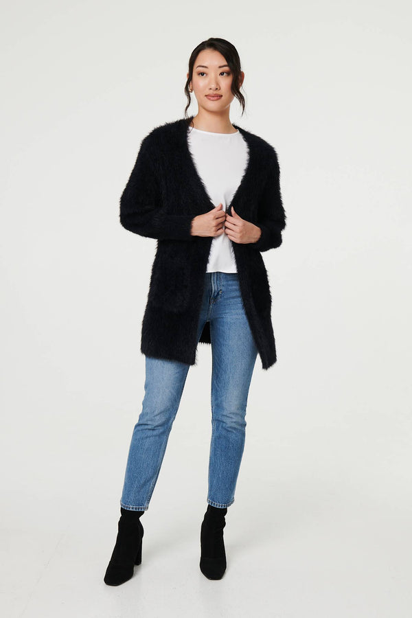 Black | Soft Textured Longline Open Cardigan
