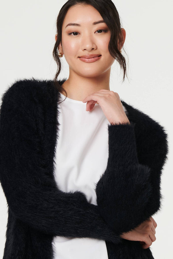 Black | Soft Textured Longline Open Cardigan
