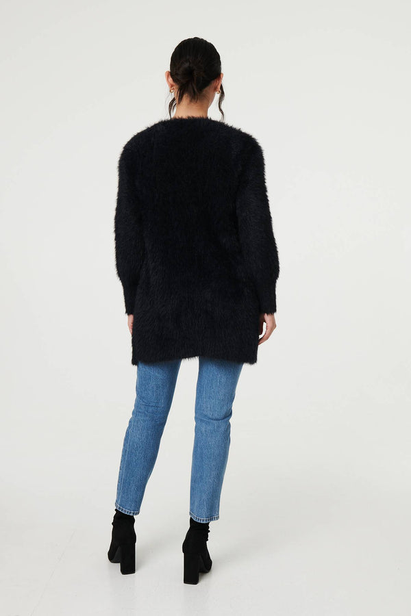 Black | Soft Textured Longline Open Cardigan
