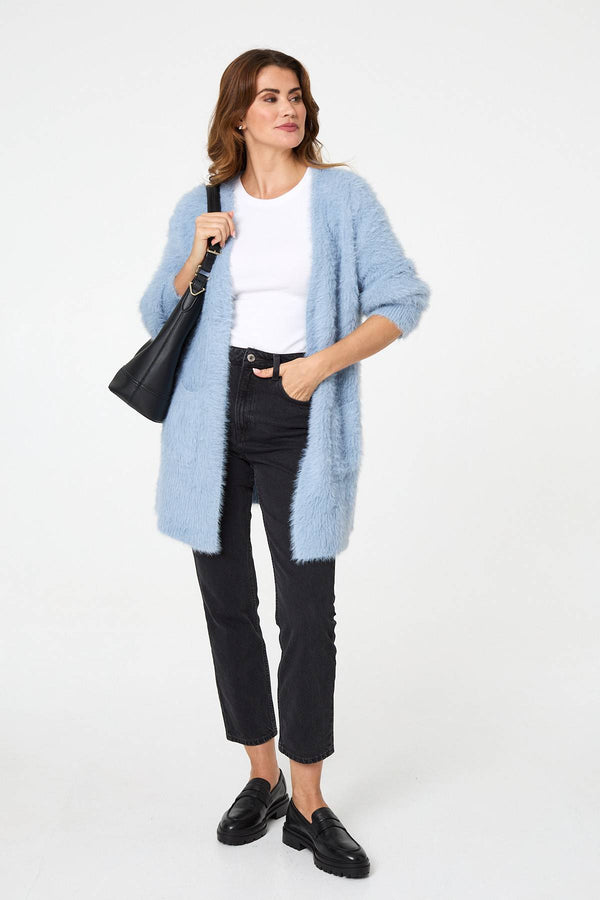 Blue | Soft Textured Longline Open Cardigan
