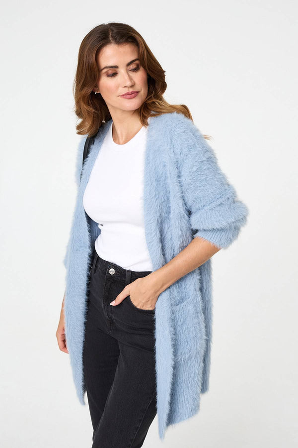 Blue | Soft Textured Longline Open Cardigan
