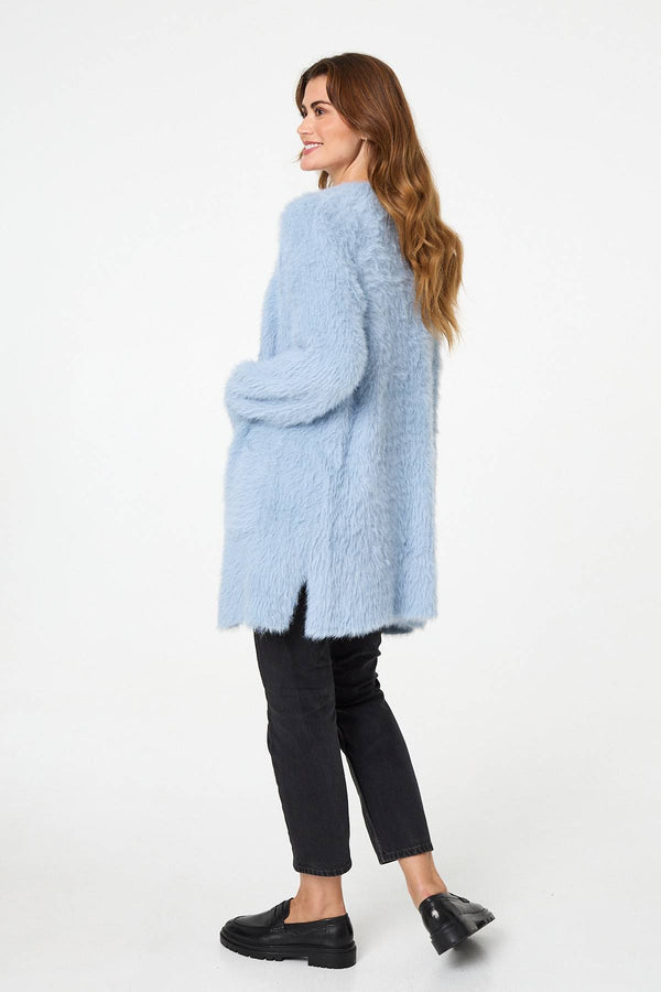 Blue | Soft Textured Longline Open Cardigan
