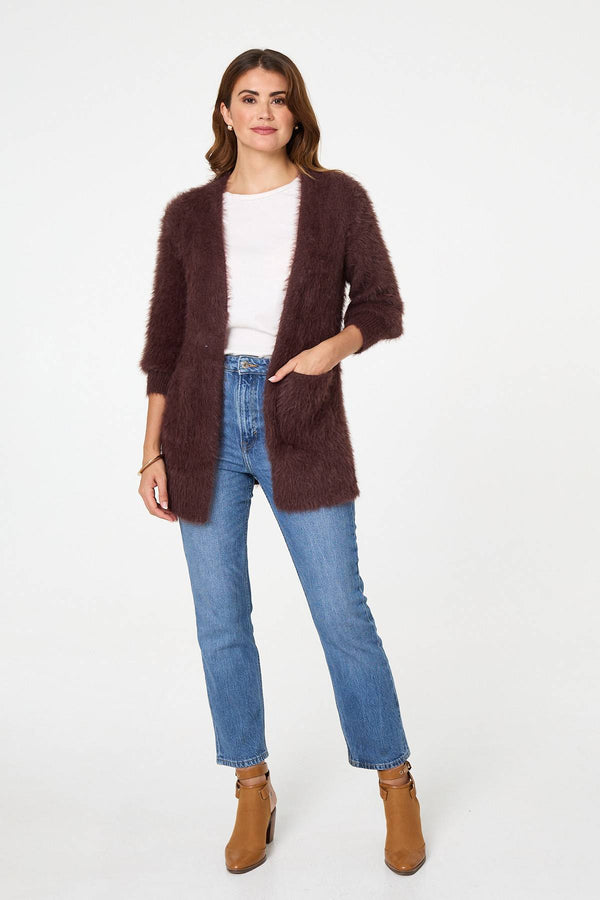 Brown | Soft Textured Longline Open Cardigan
