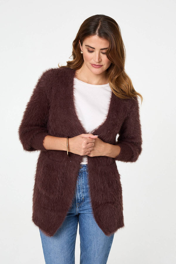 Brown | Soft Textured Longline Open Cardigan
