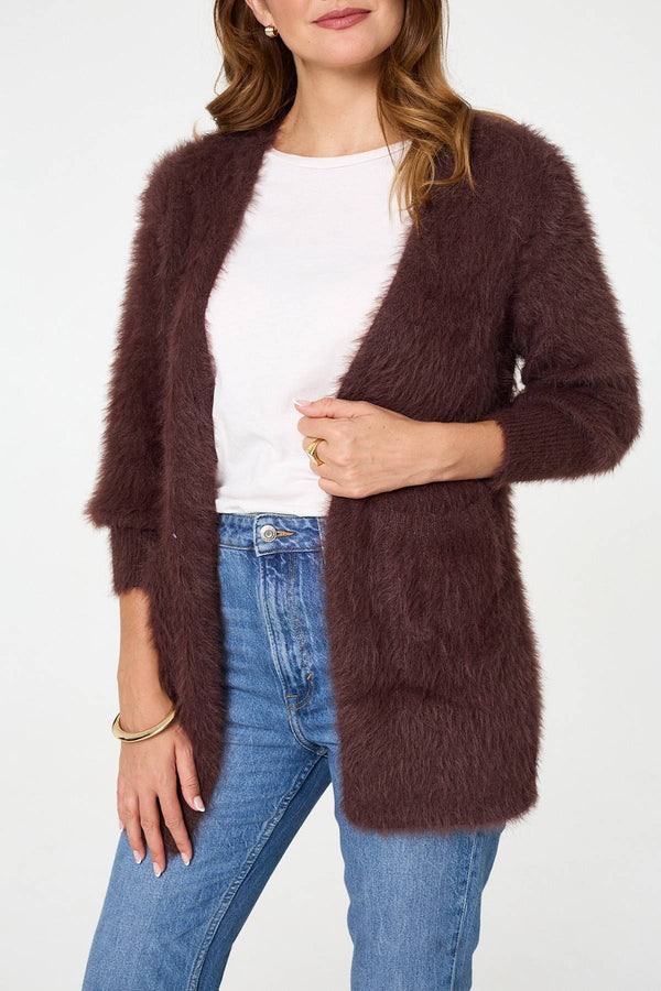 Brown | Soft Textured Longline Open Cardigan
