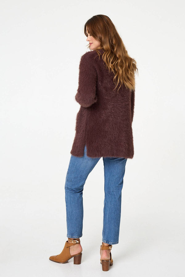 Brown | Soft Textured Longline Open Cardigan
