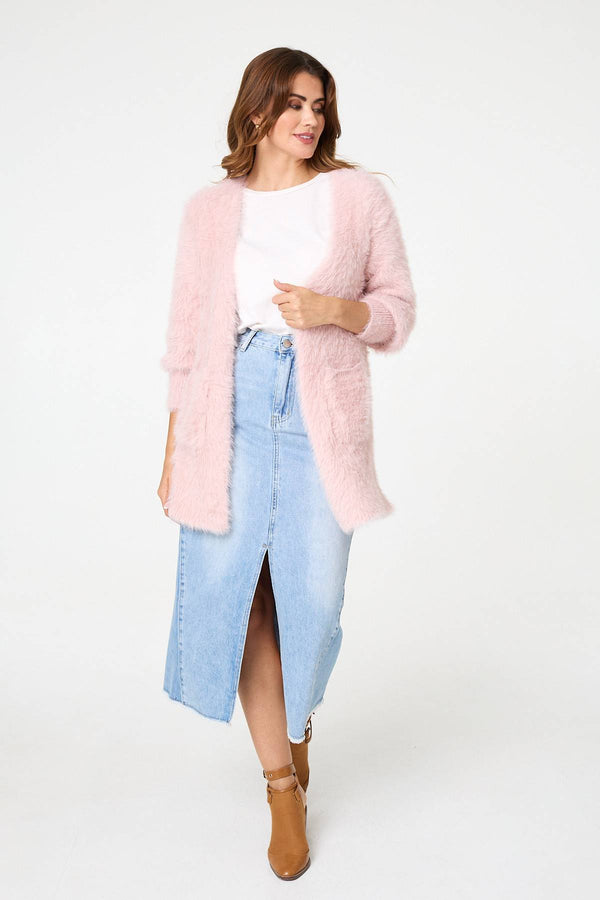 Pink | Soft Textured Longline Open Cardigan
