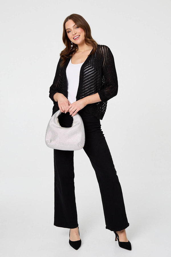 Black | Chevron Texture Mesh 1/2 Sleeve Cardigan