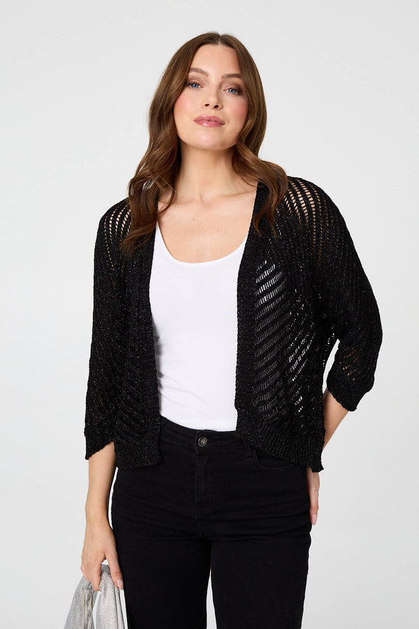 Black | Chevron Texture Mesh 1/2 Sleeve Cardigan : Model is 5'9"/175 cm and wears UK8/EU36/US4/AUS8