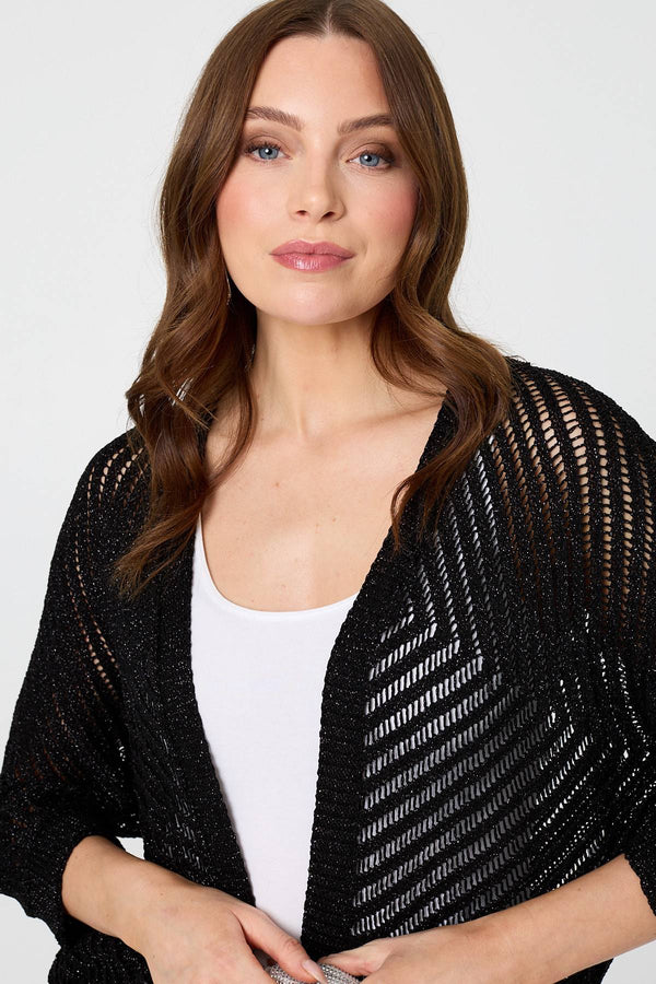 Black | Chevron Texture Mesh 1/2 Sleeve Cardigan