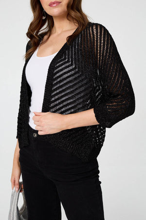 Black | Chevron Texture Mesh 1/2 Sleeve Cardigan