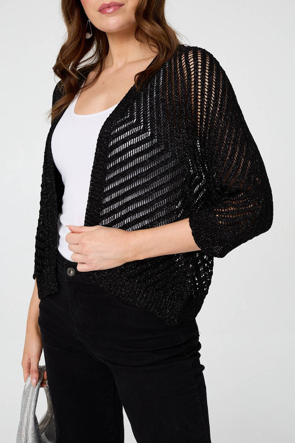 Black | Chevron Texture Mesh 1/2 Sleeve Cardigan