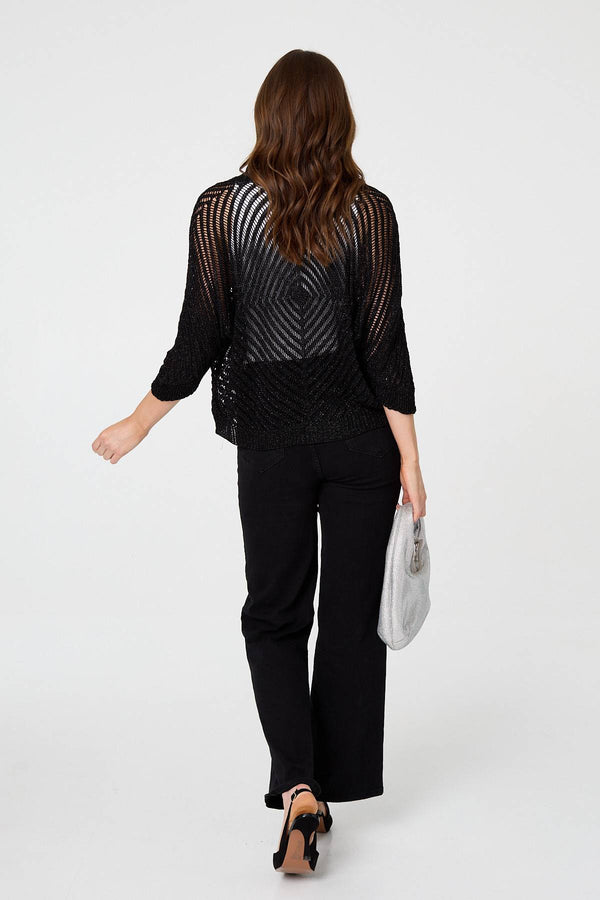 Black | Chevron Texture Mesh 1/2 Sleeve Cardigan