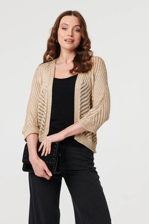 Gold | Chevron Texture Mesh 1/2 Sleeve Cardigan : Model is 5'9