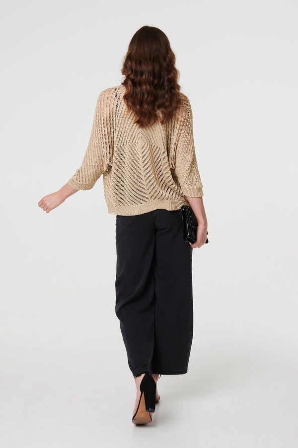 Gold | Chevron Texture Mesh 1/2 Sleeve Cardigan
