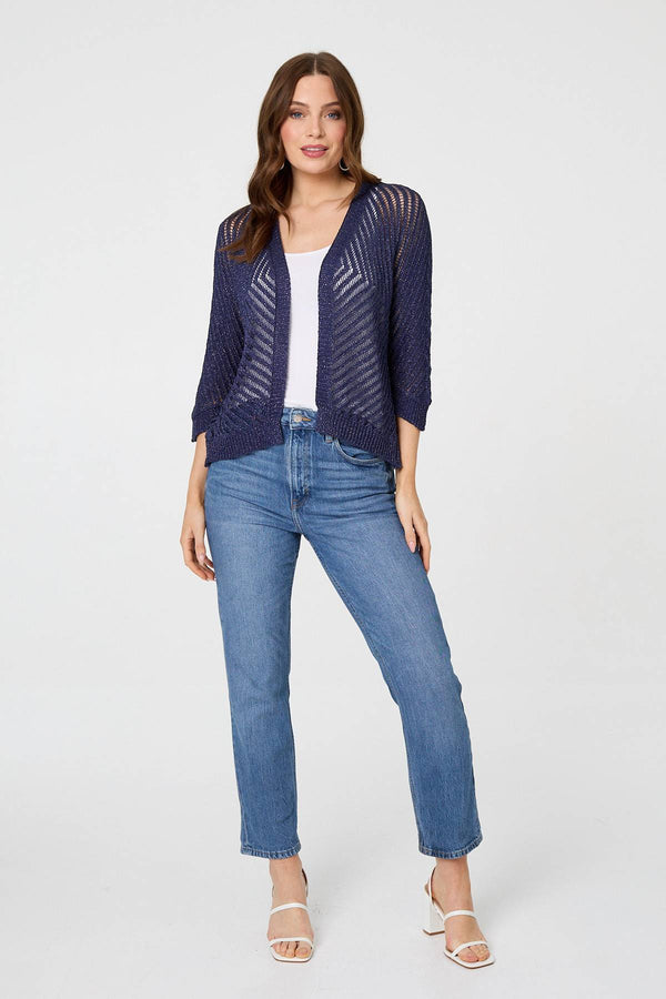 Navy | Chevron Texture Mesh 1/2 Sleeve Cardigan