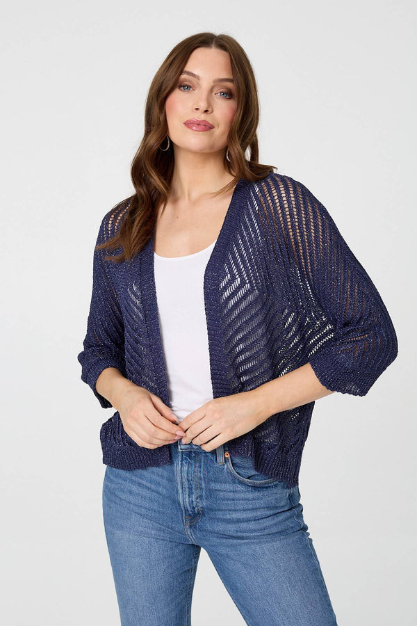 Navy | Chevron Texture Mesh 1/2 Sleeve Cardigan : Model is 5'9"/175 cm and wears UK8/EU36/US4/AUS8