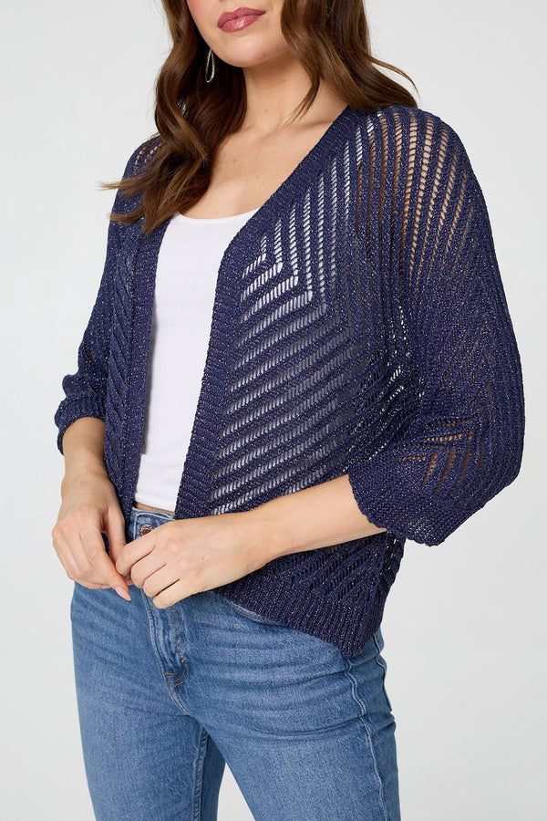 Navy | Chevron Texture Mesh 1/2 Sleeve Cardigan