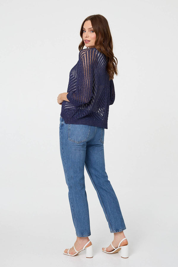 Navy | Chevron Texture Mesh 1/2 Sleeve Cardigan