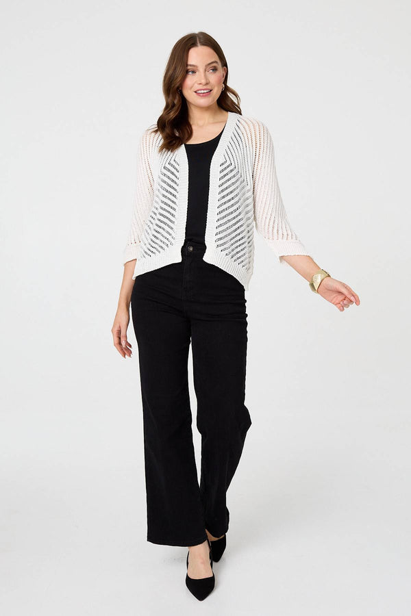 White | Chevron Texture Mesh 1/2 Sleeve Cardigan