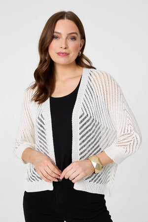 White | Chevron Texture Mesh 1/2 Sleeve Cardigan : Model is 5'9