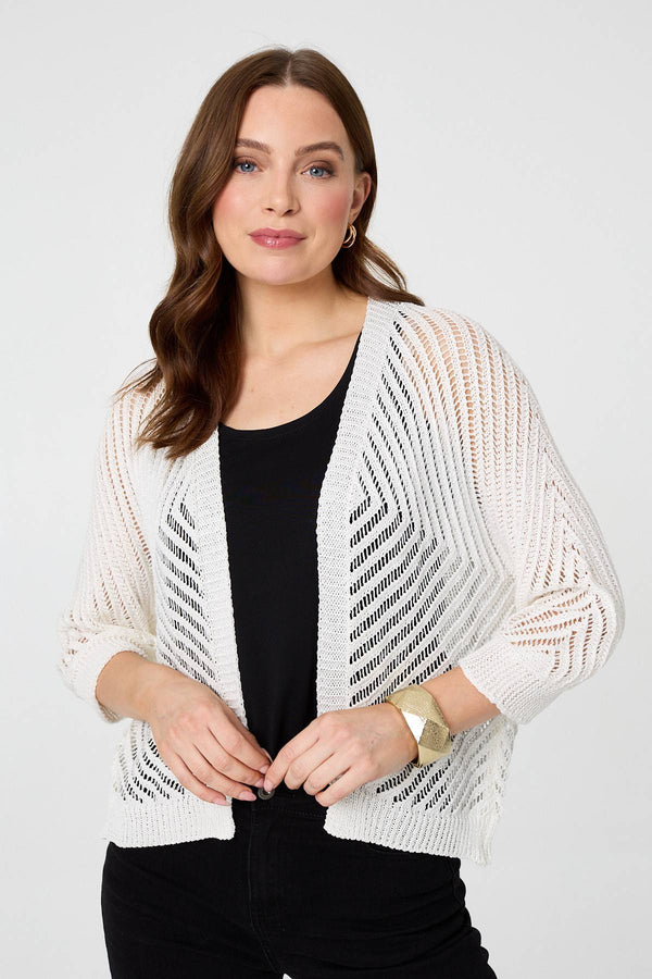 White | Chevron Texture Mesh 1/2 Sleeve Cardigan : Model is 5'9"/175 cm and wears UK8/EU36/US4/AUS8