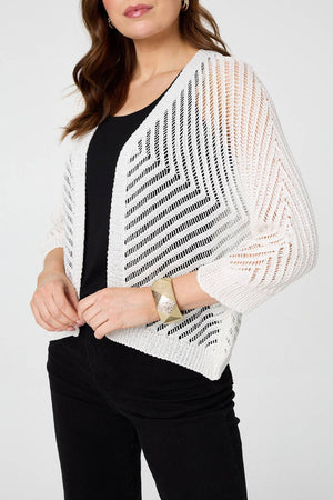 White | Chevron Texture Mesh 1/2 Sleeve Cardigan