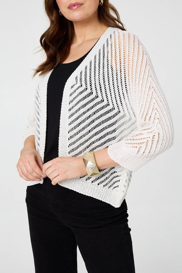 White | Chevron Texture Mesh 1/2 Sleeve Cardigan