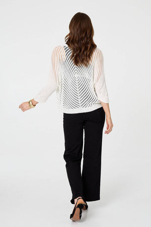 White | Chevron Texture Mesh 1/2 Sleeve Cardigan