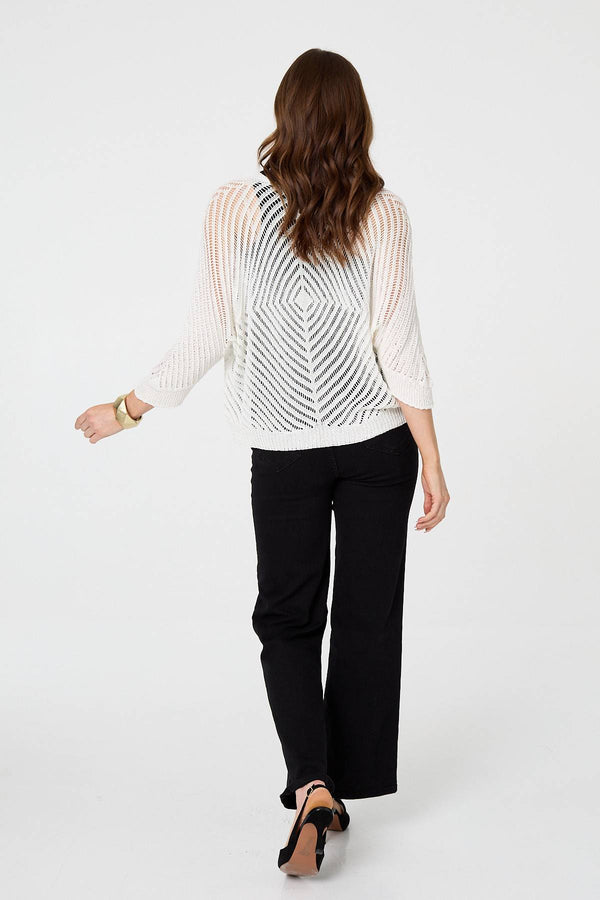 White | Chevron Texture Mesh 1/2 Sleeve Cardigan