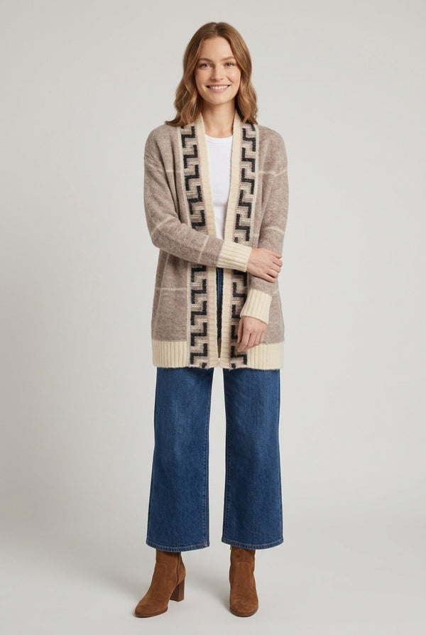Beige | Printed Open Front Longline Cardigan