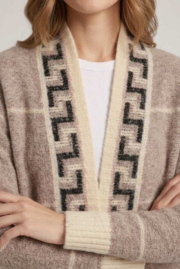 Beige | Printed Open Front Longline Cardigan