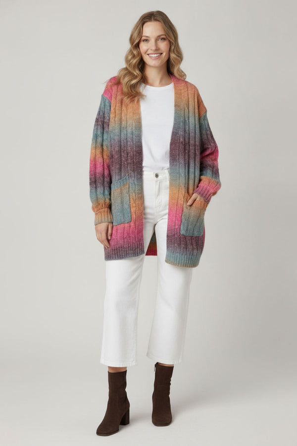 Pink | Rainbow Print Relaxed Longline Cardigan
