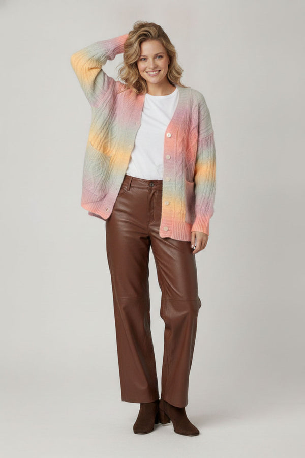 Pink | Striped Cable Knit Relaxed Cardigan